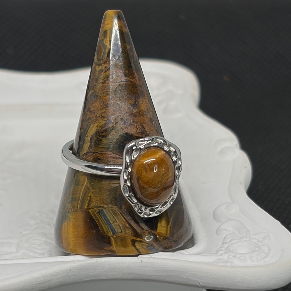18k White Gold P Stainless Steel Tiger’s Eye Asymmetrical Ring southwestern boho